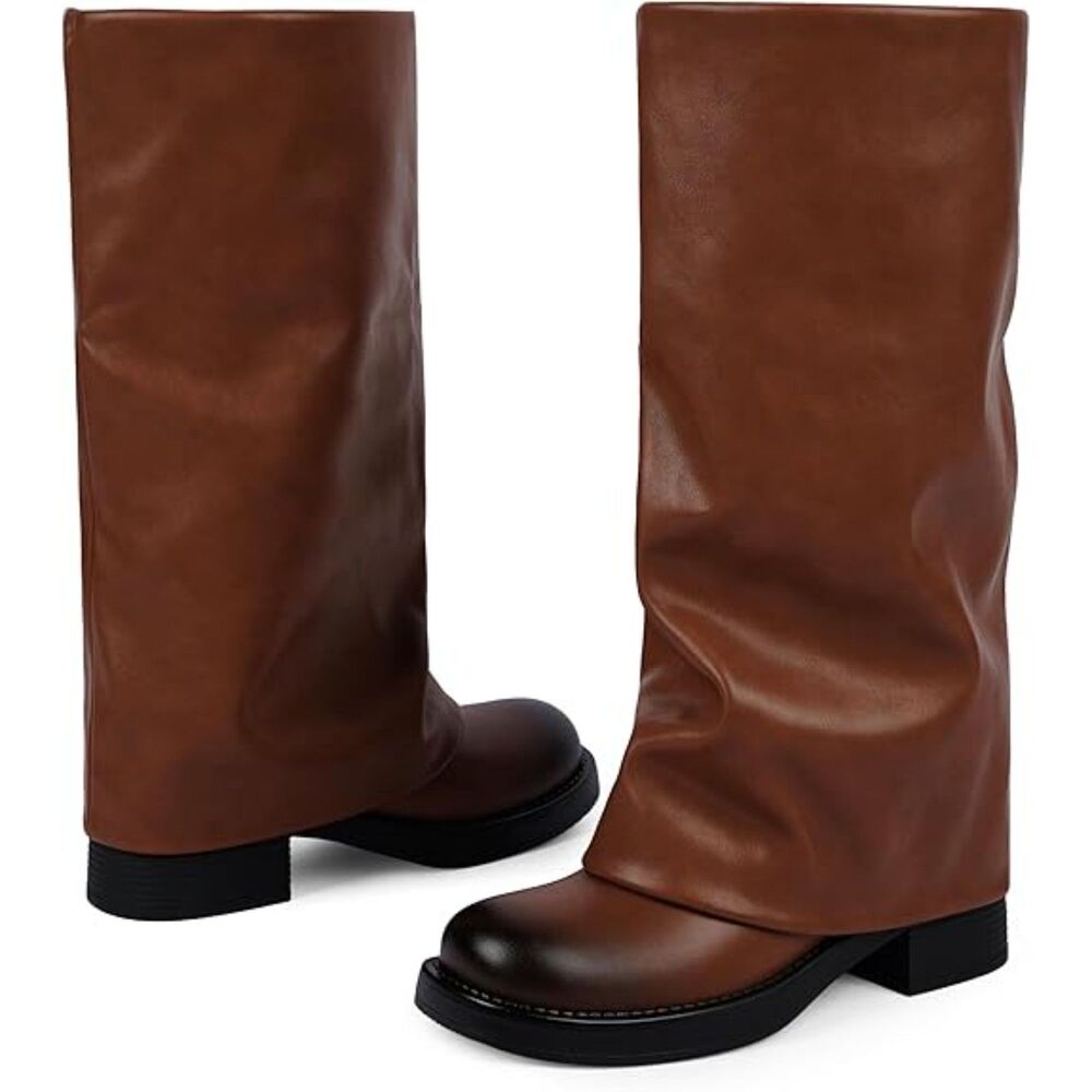 Women's Brown Rubber Sole Pointed Toe Side Zipper Chunky Heels Knee High Boots - Picture 4 of 5